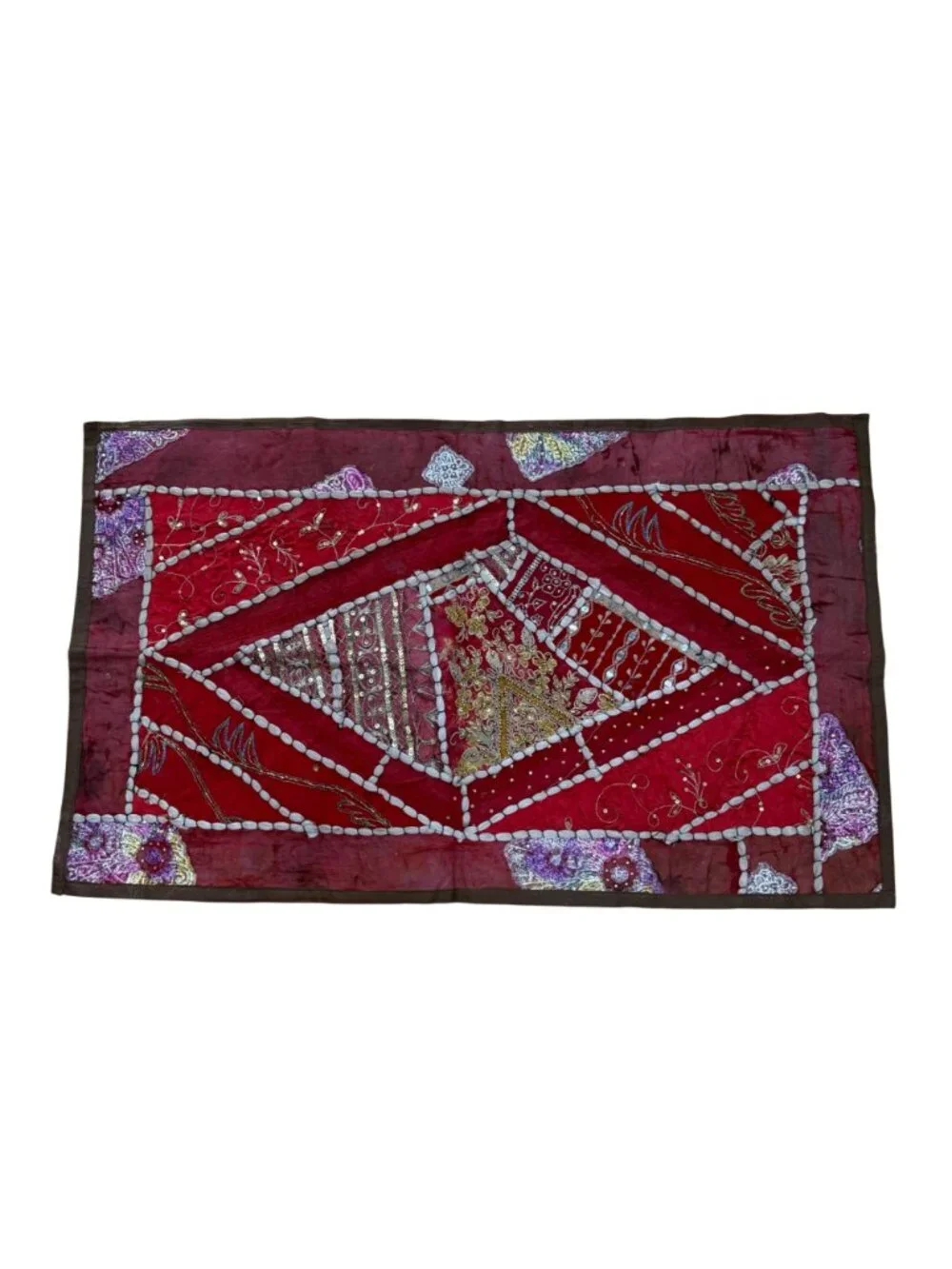 Vintage Handmade Red Patchwork Tapestry Wall Hanging Embroidered Sequins Boho